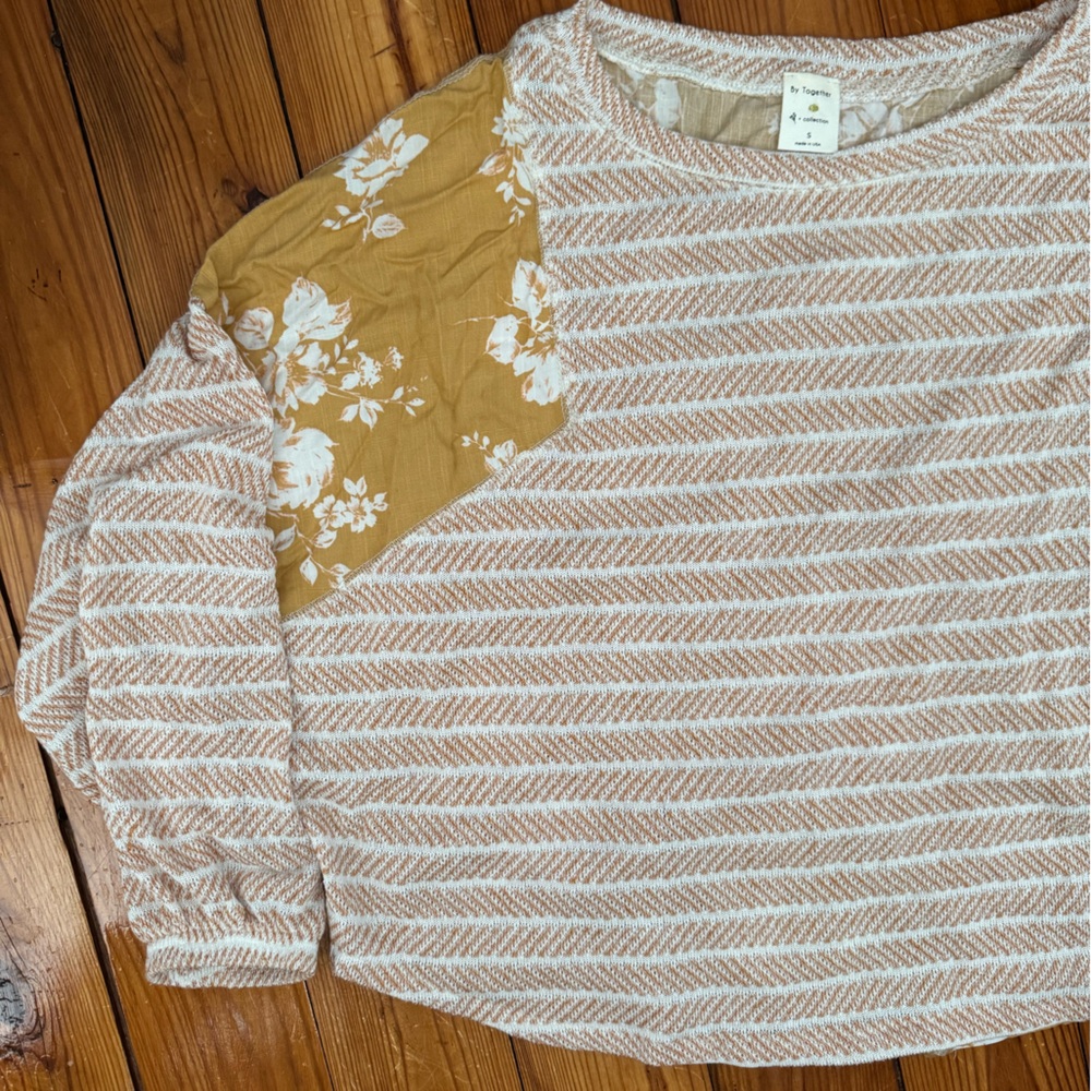 By Together Tan and White Striped Sweater with Yellow Floral Accent